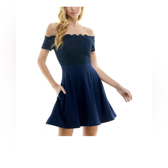 City Studios Juniors' Off-The-Shoulder Fit Flare Dress - Picture 3 of 9